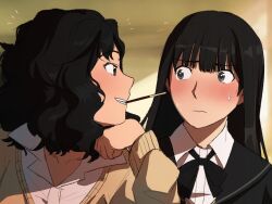  2girls amagami ayatsuji_tsukasa black_eyes black_hair black_jacket blazer blunt_bangs blush bow bowtie cardigan closed_mouth collared_shirt cosmokyrin dress_shirt english_commentary eye_contact flying_sweatdrops food from_side highres jacket long_hair long_sleeves looking_at_another messy_hair mouth_hold multiple_girls neck_ribbon parted_lips pocky pocky_kiss ribbon school_uniform shirt short_hair smile straight_hair sweat sweatdrop tanamachi_kaoru upper_body white_shirt yuri 