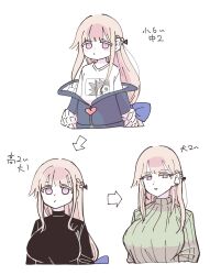  1girl age_progression black_sweater blonde_hair blue_jacket blush braid breasts commentary_request fallwell green_sweater half_up_braid highres jacket jacket_partially_removed large_breasts long_hair long_sidelocks multiple_views original parted_lips ribbed_sweater sequential shirt sidelocks simple_background sweater violet_eyes white_background white_shirt 