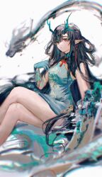  1girl arknights black_hair china_dress chinese_clothes chinese_commentary colored_skin commentary_request dragon_girl dragon_horns dragon_tail dress dusk_(arknights) dusk_(everything_is_a_miracle)_(arknights) earrings green_hands green_horns green_skin hair_over_one_eye highres horns jewelry long_hair looking_at_viewer multicolored_hair nekokomo pointy_ears red_eyes solo streaked_hair tail tassel tassel_earrings 