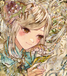  1girl blush brown_eyes closed_mouth commentary_request flower grey_hair lily_of_the_valley long_hair original painting_(medium) potato_(popopopopo623) solo traditional_media watercolor_(medium) 