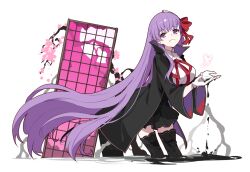  1girl bb_(fate) bb_(fate/extra) black_coat black_skirt black_thighhighs breasts bug butterfly cherry_blossoms coat commentary commission english_commentary fate/extra fate_(series) gloves grin hair_ribbon ideolo large_breasts long_hair looking_at_viewer pixiv_commission popped_collar purple_hair red_ribbon ribbon skirt smile solo thigh-highs violet_eyes white_gloves 