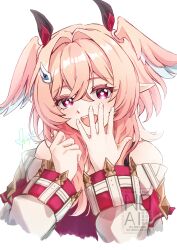  1girl :d absurdres bare_shoulders commentary_request genshin_impact hair_intakes hair_ornament hands_up head_tilt head_wings highres linnea_(genshin_impact) long_hair long_sleeves looking_at_viewer mayupika open_mouth pink_hair pointy_ears simple_background smile solo upper_body violet_eyes white_background wings 