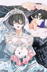  2boys anger_vein averting_eyes biyoo_(omniscient_reader's_viewpoint) black_dress black_eyes black_hair black_veil bouquet bridal_gauntlets bride commission crossdressing crossdressing_(mtf) dress gloves grin head_wreath highres holding holding_bouquet kim_dokja lace_dress looking_to_the_side male_focus multiple_boys omniscient_reader's_viewpoint scar scar_on_chest short_hair smile tiara upper_body veil white_dress white_gloves white_veil yoo_joonghyuk 