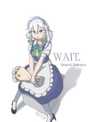  1girl apron blue_dress blue_eyes bouquet bow braid character_name chinese_commentary collared_shirt commentary_request dress english_text frilled_apron frills full_body green_bow green_ribbon grey_hair hair_between_eyes hair_bow high_heels highres holding holding_bouquet izayoi_sakuya looking_at_viewer maid maid_apron maid_headdress neck_ribbon parted_lips puffy_short_sleeves puffy_sleeves ribbon shi_yu_mu_xi shirt short_hair short_sleeves simple_background sleeveless sleeveless_dress solo thigh-highs touhou twin_braids waist_apron white_apron white_background white_headdress white_thighhighs 