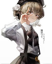  1girl beret black_hat black_ribbon black_skirt brown_eyes brown_hair character_name closed_mouth collared_shirt cowboy_shot et_atr3 flower hair_flower hair_ornament hair_rings hand_up hat hatoba_tsugu long_sleeves looking_at_viewer mole mole_under_eye neck_ribbon ribbon rose shirt shirt_tucked_in short_hair simple_background single_hair_ring skirt smile solo suspender_skirt suspenders tsugu_(vtuber) v v_over_eye virtual_youtuber white_background white_flower white_rose white_shirt 