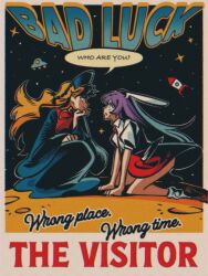  2girls animal_ears ass black_dress black_headdress blonde_hair bow bowtie brown_shoes chinese_clothes collared_shirt dalachi_(headdress) dress english_text flying_saucer hand_on_own_face hand_on_own_leg hand_on_own_thigh head_rest headdress highres junko_(touhou) long_dress long_hair long_sleeves loose_socks mememedama10 moon multiple_girls necktie night open_mouth orange_skirt orange_tabard poster_(medium) puffy_short_sleeves puffy_sleeves purple_hair rabbit_ears rabbit_girl red_necktie reisen_udongein_inaba rocket shaded_face shirt shoes short_sleeves skirt sky smile socks space spacecraft speech_bubble star_(sky) star_(symbol) starry_sky sweat sweatdrop tabard touhou ufo very_long_hair white_shirt white_socks wide_sleeves yellow_bow yellow_bowtie yuri 