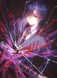  1girl absurdres araya_(project_moon) black_eyes black_hair black_jacket black_necktie black_pants broken_glass chinese_commentary closed_mouth coat collared_shirt commentary_request cowboy_shot crack cracked_glass drawing_sword expressionless fighting_stance glass glowing highres holding holding_sheath holding_sword holding_weapon jacket katana lapels limbus_company long_hair long_sleeves looking_at_viewer necktie notched_lapels pants parted_bangs project_moon qingbojun73987 ready_to_draw red_eyes scabbard sheath shirt solo string string_of_fate suit sword unsheathing weapon white_shirt 