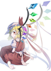  1girl absurdres barefoot blonde_hair closed_mouth commentary_request crystal_wings flandre_scarlet frilled_shirt_collar frilled_sleeves frills from_behind full_body hat highres kh_jing_shui_tong looking_at_viewer mob_cap pout puffy_short_sleeves puffy_sleeves red_eyes red_skirt red_vest shirt short_hair short_sleeves sitting skirt skirt_set solo touhou turning_head vest wariza white_background white_hat white_shirt wings 