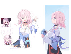  2girls absurdres black_choker black_flower black_overskirt blue_eyes blue_jacket blue_skirt bra_strap breasts buttons camera choker closed_eyes collarbone commentary_request dual_persona earrings evernight_(honkai:_star_rail) flower flower_ornament from_side gradient_clothes gradient_jacket hair_flower hair_ornament hairclip hand_up highres holding holding_camera honkai:_star_rail honkai_(series) jacket jewelry long_sleeves march_7th_(honkai:_star_rail) march_7th_(preservation)_(honkai:_star_rail) medium_breasts medium_hair miniskirt multicolored_eyes multiple_girls multiple_views off-shoulder_jacket off_shoulder official_alternate_design official_alternate_eye_color official_alternate_hair_length official_alternate_hairstyle open_mouth overskirt parallel_hairclips pink_hair pink_jacket pleated_skirt shirt single_earring skirt smile tied_jacket translation_request twitter_username two-tone_eyes underbust uwasewau v white_shirt 