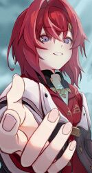  1girl akira_woz ange_katrina ange_katrina_(1st_costume) blue_eyes blush cardigan coat commentary_request crossed_bangs diamond-shaped_pupils diamond_(shape) foreshortening gradient_eyes grey_coat grin hair_between_eyes hair_intakes highres looking_at_viewer medium_hair multicolored_eyes nijisanji offering_hand red_cardigan red_hair single_off_shoulder smile solo symbol-shaped_pupils upper_body violet_eyes virtual_youtuber 