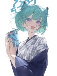  1girl animal_ears bath_yukata blue_archive blue_halo blush fingernails green_hair green_nails grey_kimono halo highres japanese_clothes kimono long_sleeves looking_at_viewer mu_mumu nail_polish official_alternate_costume open_mouth shigure_(blue_archive) shigure_(hot_spring)_(blue_archive) short_hair simple_background smile solo upper_body violet_eyes weasel_ears white_background yukata 