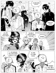  ! !? 1other 2boys 3girls anger_vein blunt_ends bob_cut coat commentary_request enigma_(reverse:1999) ferrofluid fishbowl_helmet gloves goggles greyscale highres holding holding_paper jumpsuit korean_commentary korean_text low_ponytail lucy_(reverse:1999) medicine_pocket monochrome mulkkachi multiple_boys multiple_girls notice_lines object_head paper ponytail reverse:1999 robot_girl short_hair simone_(reverse:1999) speech_bubble translation_request ulrich_(reverse:1999) 