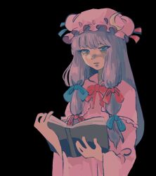  1girl black_background blue_bow blue_eyes book bow bowtie commentary crescent crescent_hat_ornament dress english_commentary hair_bow hat hat_ornament highres holding holding_book long_hair looking_at_viewer lottaiuv92 mob_cap open_book patchouli_knowledge pink_dress pink_hat purple_hair red_bow red_bowtie sidelocks simple_background solo touhou 