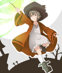  1boy bare_tree black_boots black_hat blush boots brown_eyes brown_hair coat collarbone commentary_request cross double-parted_bangs frilled_shirt frills full_body girly_boy graveyard grey_background hair_between_eyes hat highres kneehighs long_sleeves magic male_focus open_clothes open_coat orange_coat original outline oversized_clothes oversized_shirt pa._(tatuya28001) running shirt short_hair sidelocks single_kneehigh single_sock smile socks tree wand white_background white_outline white_shirt wide_sleeves winged_shoes witch_hat 