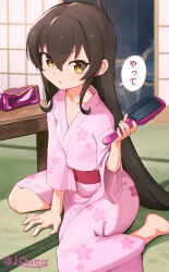  1girl barefoot black_hair commentary_request flat_chest hair_brush hair_down highres idolmaster idolmaster_cinderella_girls indoors japanese_clothes kimono lc_butter long_hair looking_at_viewer matoba_risa night parted_lips pink_kimono sitting solo very_long_hair wariza yellow_eyes 