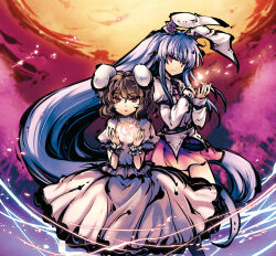  2girls album_cover alice's_emotion animal_ears belt black_socks blush brown_belt brown_hair collared_shirt commentary_request cover feet_out_of_frame floppy_ears frilled_wrist_cuffs frills full_moon grey_shirt hands_up inaba_tewi jitome long_hair long_sleeves moon multiple_girls necktie parted_lips pink_necktie pink_shirt pink_skirt purple_hair rabbit_ears rabbit_girl red_background red_eyes reisen_udongein_inaba shirt short_hair skirt smile socks split_mouth tokiame touhou very_long_hair wrist_cuffs 