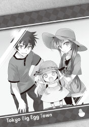  029 1boy 2girls :< arras_ramus belt blush breasts cardigan child closed_mouth collarbone dress english_text greyscale hair_between_eyes hand_on_own_arm hand_on_own_hip hand_on_own_knee hat hataraku_maou-sama! highres jewelry long_hair long_sleeves looking_at_viewer maou_sadao monochrome multiple_girls necklace novel_illustration official_art open_mouth outstretched_arms pants shirt short_hair short_sleeves side-by-side smile spread_arms standing straw_hat teeth third-party_source upper_teeth_only yusa_emi 
