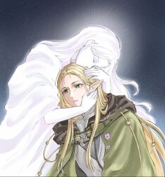  1boy 1other aloysius_(shining_nikki) arms_around_neck blonde_hair brown_hood cloak closed_eyes closed_mouth collared_shirt colored_skin commentary dress_shirt elf english_commentary expressionless flower forehead glowing green_cloak green_eyes grey_tunic highres hood hood_down hooded_cloak hug light_frown long_hair long_sidelocks long_sleeves nikki_(series) nonoberry22 other_with_male parted_lips pointy_ears purple_flower robe shining_nikki shirt sidelocks smile space styling_and_beauty_(shining_nikki) tunic very_long_hair wavy_hair white_hair white_robe white_shirt white_skin wide_sleeves 