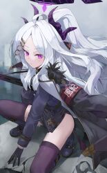  1girl absurdres ahoge armband black_coat black_thighhighs blue_archive blush breasts coat coat_on_shoulders demon_girl demon_horns demon_wings gun highres hina_(blue_archive) holding holding_gun holding_weapon horns long_hair looking_at_viewer low_wings machine_gun mg42 no_panties outdoors red_armband small_breasts solo thigh-highs very_long_hair violet_eyes weapon white_hair wings yoshiharu_auf 