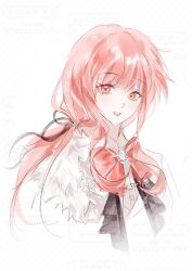  1girl artist_request bow bowtie brooch brown_eyes cape character_request chinese_commentary commentary_request commission cropped_torso crossdressing crossdressing_(ftm) dot_nose dress_shirt eyelashes formal_clothes fur-trimmed_cape fur_trim gem happy highres jacket jewelry long_hair looking_at_viewer low_ponytail nikki_(nikki) nikki_(series) open_mouth pink_hair ponytail red_bow red_bowtie sample_watermark second-party_source shining_nikki shirt side_cape sidelocks simple_background smile solo teeth too_many_watermarks tuxedo upper_teeth_only very_long_hair watermark watermark_grid wavy_hair white_background white_gem white_jacket white_shirt 