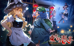  4girls absurdres animal_ears apron artist_request backpack bag black_hair black_hat black_skirt black_socks black_vest blonde_hair blue_eyes blue_hair bow breasts chinese_commentary chinese_text closed_mouth commentary_request detached_sleeves flat_cap floating frilled_skirt frills geta green_bag green_hat grey_hair hair_bobbles hair_bow hair_ornament hat hat_bow highres inubashiri_momiji jewelry kawashiro_nitori key key_necklace kirisame_marisa kneehighs lantern long_hair looking_at_viewer medium_breasts multiple_girls necklace night open_mouth outdoors paper_lantern pointy_ears pom_pom_(clothes) puffy_short_sleeves puffy_sleeves red_eyes red_hat red_shoes ribbon-trimmed_skirt ribbon-trimmed_sleeves ribbon_trim second-party_source shameimaru_aya shirt shoes short_hair short_sleeves skirt smile socks tail taking_picture tengu-geta tokin_hat touhou translation_request very_long_hair vest waist_apron water white_apron white_shirt witch_hat wolf_ears wolf_girl wolf_tail yellow_eyes 
