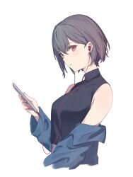  1girl absurdres bang_dream! bang_dream!_it's_mygo!!!!! black_shirt blue_jacket breasts brown_eyes cellphone commentary_request earphones grey_hair highres holding holding_phone jacket kanade_(kanade_3344) medium_breasts off_shoulder parted_lips phone shirt short_hair simple_background sleeveless sleeveless_shirt smartphone solo takamatsu_tomori upper_body white_background 