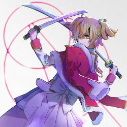  1girl aiguillette aiwaan back_bow belt blonde_hair blurry blurry_background bow circle commentary_request covered_mouth cowboy_shot crossed_swords daiba_nana depth_of_field dual_wielding dutch_angle film_grain fur-trimmed_jacket fur_trim green_eyes green_ribbon grey_bow grey_skirt hair_over_one_eye hair_ribbon hands_up holding holding_sword holding_weapon jacket jacket_on_shoulders katana legs_apart long_sleeves looking_at_viewer looking_to_the_side miniskirt one_eye_covered parted_bangs pleated_skirt red_jacket ribbon see-through_clothes short_hair short_twintails shoujo_kageki_revue_starlight single_horizontal_stripe skirt solo striped_clothes striped_skirt sword twintails waist_cape weapon white_background white_jacket yellow_belt 