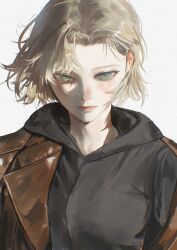  1girl black_hoodie blonde_hair blue_eyes brown_jacket grace_ashcroft hair_behind_ear hashtag-only_commentary highres hood hoodie jacket niroxin open_clothes open_jacket resident_evil resident_evil_requiem short_hair solo white_background 