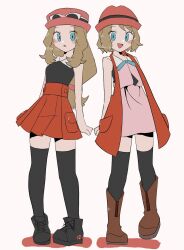  2girls :d black_shoes black_thighhighs blonde_hair blue_eyes boots brown_boots dress eyewear_on_headwear full_body hat highres jacket long_hair looking_at_viewer multiple_girls open_mouth pink_dress pink_hat pokemon pokemon_(anime) pokemon_(creature) pokemon_xy pokemon_xy_(anime) red_jacket red_skirt serena_(pokemon) shirt shoes short_hair simple_background skirt sleeveless sleeveless_duster sleeveless_jacket sleeveless_shirt smile standing thigh-highs tnm_ilu white-framed_eyewear white_background 
