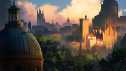  1girl black_jacket black_pants building bush city cityscape commentary dome english_commentary flock from_behind jacket original outdoors painterly pants scenery standing sunlight sylvain_sarrailh tower web_address 