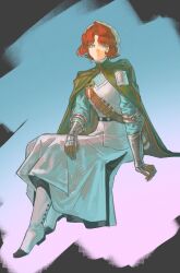  1girl absurdres blue_background blue_eyes blue_shirt boots cape chinese_commentary closed_mouth commentary_request full_body gauntlets gradient_background green_cape hat highres invisible_chair long_skirt looking_at_viewer marsha_(reverse:1999) pink_background red_hair reverse:1999 rod_of_asclepius shirt short_hair shoulder_belt sitting skirt solo tueminge white_boots white_hat white_skirt 