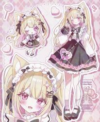  1girl :d ;) ;o argyle_background black_bow black_bowtie black_shoes black_skirt blonde_hair blunt_bangs blush bow bowtie chibi closed_mouth commentary_request fang frilled_hairband frilled_skirt frilled_sleeves frills full_body hair_ornament hairband hairclip hand_up heart highres juliet_sleeves long_hair long_sleeves looking_at_viewer mary_janes multiple_views one_eye_closed open_mouth original outline parallel_hairclips pink_background pink_eyes puffy_sleeves saisai_(saisai1946331) shirt shoes skirt smile socks standing twintails watermark watermark_grid white_outline white_shirt white_socks x_hair_ornament 