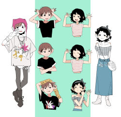  1boy 1girl :d ^_^ absurdres alternate_costume arms_behind_back arms_up bag bare_shoulders black_hair black_shirt blue_skirt boots brown_hair chilchuck's_wife chilchuck_tims closed_eyes contemporary crop_top crossed_arms denim denim_skirt dungeon_meshi dungeon_rabbit_(dungeon_meshi) earrings hairband hairdressing halfling handbag highres holding holding_own_hair jewelry jitome key key_necklace lock_necklace medium_hair necklace oversized_clothes oversized_shirt puckered_lips shirt short_hair skirt smile strapless striped_clothes striped_shirt tube_top wh00oa white_shirt 
