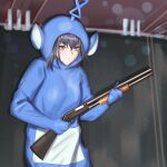  1girl absurdres black_hair blue_eyes closed_mouth cosplay costume expressionless gun highres holding holding_gun holding_weapon hololive hololive_english meme ouro_kronii short_hair shotgun solo teletubbies teletubby_todd_howard_with_a_shotgun_(meme) tinky_winky tinky_winky_(cosplay) virtual_youtuber weapon zenya 