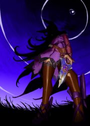  1girl absurdres animal_ears black_thighhighs blue_dress commentary dagger dress english_commentary face_in_shadow from_below full_body highres holding holding_dagger holding_knife holding_weapon horse_ears horse_girl knife long_hair long_sleeves off-shoulder_dress off_shoulder phgiac rice_shower_(rosy_dreams)_(umamusume) rice_shower_(umamusume) sheath solo standing thigh-highs umamusume weapon 