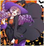  1girl bat_(animal) black_dress dress drill_hair halloween halloween_costume hat highres holding holding_wand hyakumantenbara_salome kobamiso_(kobalt) leaning_forward long_hair long_sleeves looking_at_viewer night nijisanji open_mouth pantyhose purple_hair purple_pantyhose smile teeth tongue upper_teeth_only violet_eyes virtual_youtuber wand witch witch_hat 