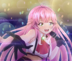 1girl aivy_lovencraft baxv07 fanart gloves green_eyes hashtag-only_commentary idol indie_virtual_youtuber long_hair looking_at_viewer microphone pink_hair smile solo virtual_youtuber vtuber vtuberfanart