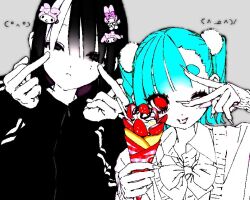 1boy 1girl aegyo_sal aqua_hair asymmetrical_bangs black_eyes black_hair black_jacket black_outline blush_stickers bow bowtie cardigan character_hair_ornament closed_mouth collared_shirt colored_skin commentary crepe emoticon eyelashes eyes_visible_through_hair eyeshadow fingernails food fruit fur_hair_tie grey_background gyaru hair_ornament height_difference holding holding_crepe holding_food ice_cream_crepe jacket jaggy_lines kaomoji long_fingernails long_hair makeup middle_finger mole mole_under_eye multicolored_hair my_melody neon_palette one_eye_closed original outer_glow outline pink_eyeshadow red_eyes sanrio shirt short_hair single_hair_streak single_sidelock straight_hair strawberry streaked_hair susushi_11 tongue tongue_out track_jacket trap two_side_up untranslatable_commentary upper_body v v_over_eye white_bow white_bowtie white_cardigan white_shirt white_skin white_streaks wispy_bangs 