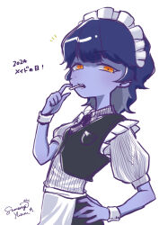  1girl 2024 apron artist_name blue_hair blue_skin bracelet colored_skin commentary_request earrings from_side highres indie_virtual_youtuber jewelry lollipop_in_mouth looking_at_viewer maid_apron maid_headdress narrowed_eyes orange_eyes signature simple_background solo standing sumeragi_yuzuru sumeragi_yuzuru_(artist) translation_request virtual_youtuber 