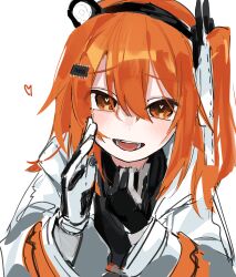  1girl a.i._voice absurdres adachi_rei black_sweater coat commentary_request gloves hair_between_eyes headset heart heart-shaped_pupils highres open_mouth orange_eyes orange_hair simple_background solo sweater symbol-shaped_pupils teeth upper_body uranosebi utau white_background white_coat 