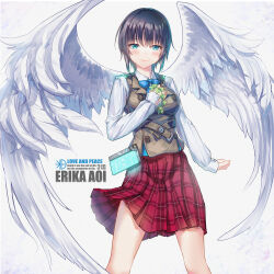  1girl absurdres angel angel_wings aoi_erika arm_at_side blue_bow blue_bowtie blue_eyes blush bow bowtie breasts brown_vest buttons character_name chinese_commentary clenched_hands closed_mouth collared_shirt commentary_request double-breasted english_text eyebrows_hidden_by_hair eyelashes eyes_visible_through_hair feathered_wings feet_out_of_frame hair_between_eyes hand_up heaven_burns_red highres holding holding_wreath large_breasts leaf_wreath long_sleeves looking_at_viewer medium_hair medium_skirt plaid_clothes plaid_skirt pleated_skirt red_skirt sail_678 shirt simple_background skirt smile solo standing tsurime vest white_background white_shirt white_wings wings wolf_cut 
