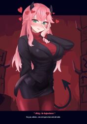 1girl absurdres aivy_lovencraft blush esteban_(estebaneishon) fanart green_eyes helltaker horns indie_virtual_youtuber long_hair pink_hair solo spanish_text standing tail virtual_youtuber vtuber vtuberfanart