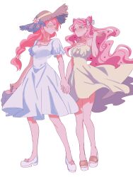  2girls ^_^ absurdres alternate_costume alternate_hairstyle arm_at_side arms_at_sides bad_id bad_lofter_id bag bare_arms bare_legs bare_shoulders blush bow braid braided_ponytail breasts bright_pupils brown_hat cherry_blossom_cookie closed_eyes closed_mouth collarbone colored_eyelashes cookie_run cookie_run:_ovenbreak cotton_candy_cookie double-parted_bangs dress earrings face-to-face facing_another flower footwear_flower frilled_sleeves frills from_below geruideyundongxie hair_behind_ear hair_between_eyes hair_bow hair_flower hair_horns hair_ornament hand_up handbag hat hat_flower heart heart-shaped_pupils heart_earrings heart_hair_ornament highres holding holding_bag holding_hands humanization jewelry legs_apart long_hair looking_at_another medium_dress multiple_girls parted_bangs pink_bag pink_eyes pink_flower pink_hair pink_trim platform_sandals puffy_short_sleeves puffy_sleeves sandals shoes short_sleeves simple_background single_braid sleeveless sleeveless_dress small_breasts smile spaghetti_strap straw_hat symbol-shaped_pupils toes very_long_hair white_background white_bow white_dress white_eyelashes white_sandals white_shoes yellow_dress 