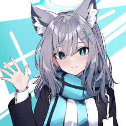  1girl animal_ear_fluff animal_ears aqua_scarf blue_archive blue_eyes blue_scarf blush commentary_request cross cross_hair_ornament extra_ears grey_hair hair_ornament halo inverted_cross looking_at_viewer medium_hair mismatched_pupils neko_daruma scarf shiroko_(blue_archive) smile solo wolf_ears wolf_girl 