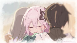  1boy 2girls absurdres black_flower blurry closed_eyes commentary_request crying dan_heng_(honkai:_star_rail) dan_heng_(hunt)_(honkai:_star_rail) depth_of_field evernight_(honkai:_star_rail) flower hair_flower hair_ornament hairclip highres honkai:_star_rail honkai_(series) hug march_7th_(honkai:_star_rail) multiple_girls parallel_hairclips parted_lips pink_hair sketch stelle_(honkai:_star_rail) tears trailblazer_(honkai:_star_rail) twitter_username uwasewau 