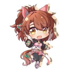  1girl :d animal_ears black_hoodie black_leggings blush breasts brown_eyes brown_hair checkered_clothes chibi commentary_request dantsu_flame_(umamusume) drawstring drop_shadow full_body hood hood_down hoodie horse_ears horse_girl horse_tail leggings leggings_under_shorts long_sleeves medium_breasts midriff multicolored_hair pink_shorts ponytail shachoo. shoe_soles shoes short_shorts shorts simple_background smile solo streaked_hair tail umamusume white_background white_hair white_shoes 