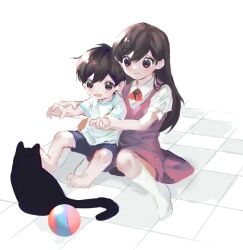  1boy 1girl aged_down ahoge animal ball bare_arms bare_legs barefoot black_cat black_eyes black_hair blue_shorts blue_trim bow bowtie brother_and_sister cat checkered_floor child closed_mouth collared_shirt dot_nose double-parted_bangs dress from_above hair_behind_ear hair_between_eyes hands_on_another's_arms indoors kneehighs light_blush long_hair looking_at_animal mari_(faraway)_(omori) mari_(omori) no_shoes omori open_mouth puffy_short_sleeves puffy_sleeves purple_dress red_bow red_bowtie shirt short_dress short_hair short_sleeves shorts siblings sidelighting simple_background sitting sitting_on_lap sitting_on_person sleeveless sleeveless_dress smile socks ss_un17 straight_hair sunny_(omori) t-shirt tareme very_short_hair white_background white_shirt white_socks 