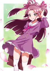  1girl absurdres falling_petals green_eyes hair_ornament highres hime_cut kazu_(sp225ns9) kobayashi_mikuru long_hair meitantei_precure! petals pink_ribbon precure purple_hair ribbon sailor_collar school_uniform smile thigh-highs white_thighhighs 