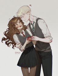  1boy 1girl ahoge animification arm_around_back artist_name ben-day_dots black_pants black_skirt blonde_hair blue_eyes blush box brown_eyes brown_hair brown_pantyhose chui_art collared_shirt colored_eyelashes commentary cowboy_shot curly_hair diagonal-striped_clothes diagonal-striped_necktie draco_malfoy dress_shirt embarrassed english_commentary fluffy_hair flying_sweatdrops freckles gift gift_box green_necktie grey_background grey_vest grin gryffindor half-closed_eyes hand_on_another's_arm happy_valentine harry_potter_(series) heart hermione_granger hetero high-waist_skirt highres hogwarts_school_uniform holding holding_gift light_blush long_hair looking_at_another miniskirt necktie pale_skin pants pantyhose pleated_skirt red_necktie school_uniform screentones shirt short_hair simple_background skirt slytherin smile smirk striped_clothes surprised three-quarter_sleeves tsurime valentine vest white_shirt wing_collar wizarding_world 