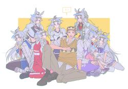  1boy animal_ears commentary_request glutton grey_hair highres horse_ears horse_girl hpppp kasamatsu_tracen_training_uniform kitahara_jou korean_commentary multicolored_hair multiple_girls oguri_cap_(starlight_beat)_(umamusume) oguri_cap_(umamusume) school_uniform sweater_vest tracen_school_uniform tracen_training_uniform two-tone_hair umamusume umamusume:_cinderella_gray 